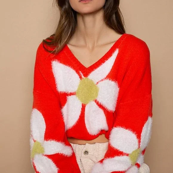POL Red V-Neck Sweater with Floral Design - Picture 3 of 5